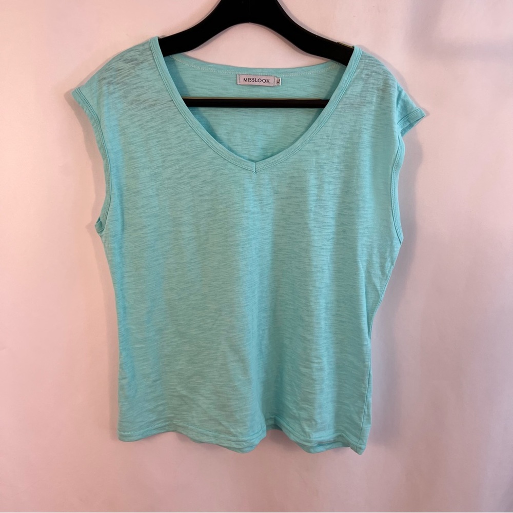 Misslook Tank Top  V-Neck Stretch Sleeveless Medium M Aqua Blue Womens